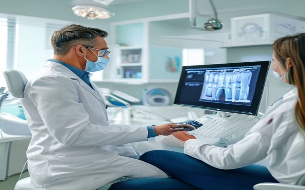 Dentist reviewing a dental X-ray with a patient