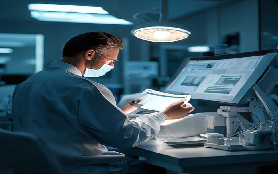 Dentist examining detailed tooth X-rays