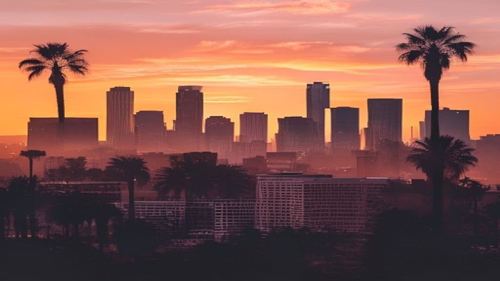 Downtown Los Angeles skyline at sunset with palm trees, the city served by Mid-Wilshire Dental Care